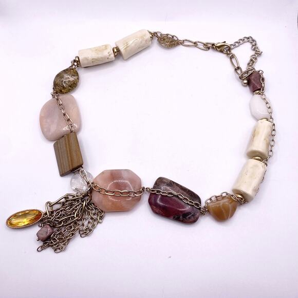 Vintage Multi Gemstones Chunky Necklace Quartz Amber 1990s 24” Pendant - Picture 3 of 5